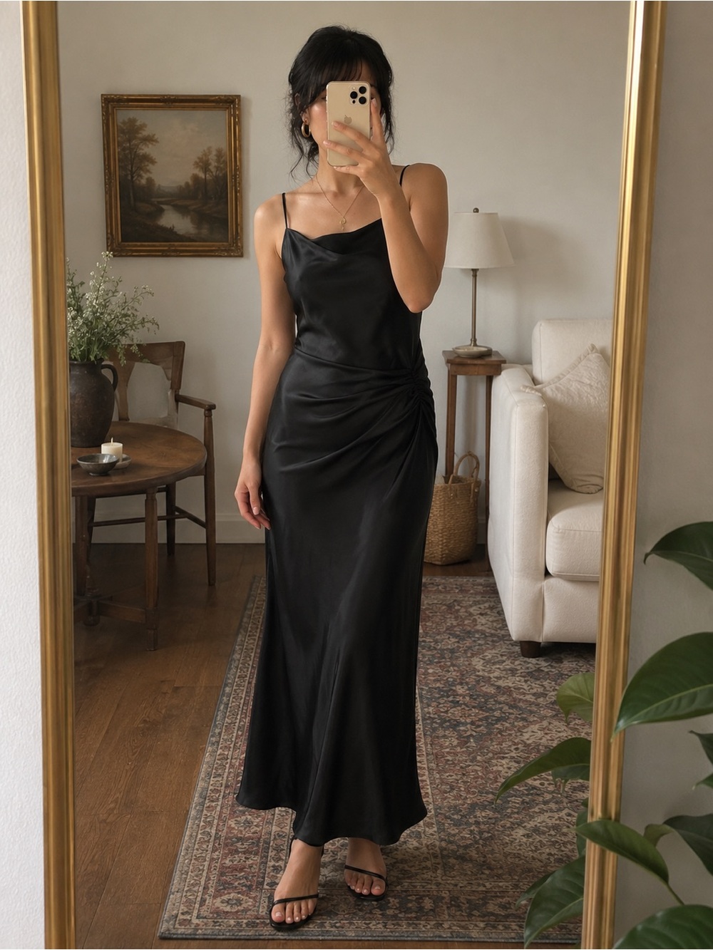Minimalist Black Satin Maxi Slip Dress with Double Spaghetti Straps